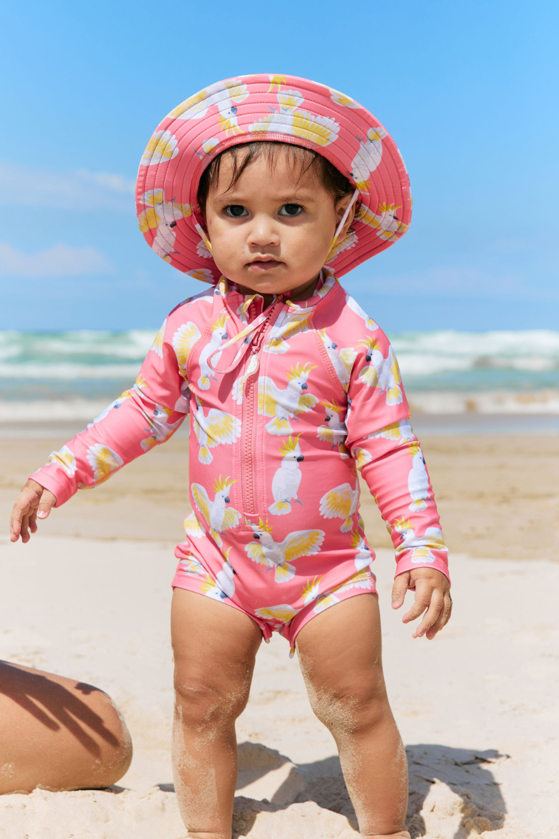 Children's swimsuit set, children's bodysuit, children's shorts and swimming bob in Petites Perruches UPF 50+