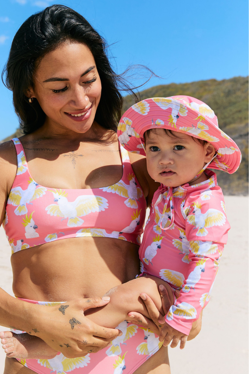Children's swimsuit set, children's bodysuit, children's shorts and swimming bob in Petites Perruches UPF 50+