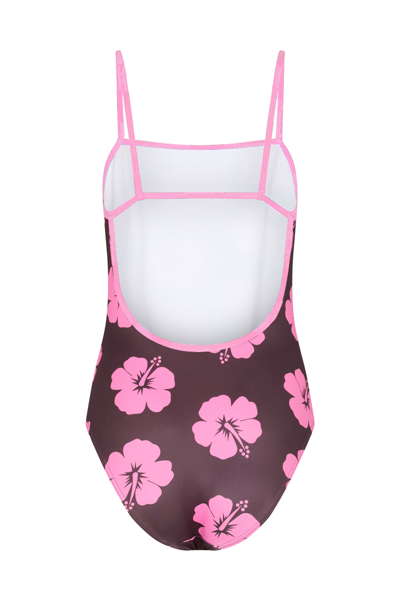 Une Pièce Bretelles Fines en Hibiscus Rose et Marron