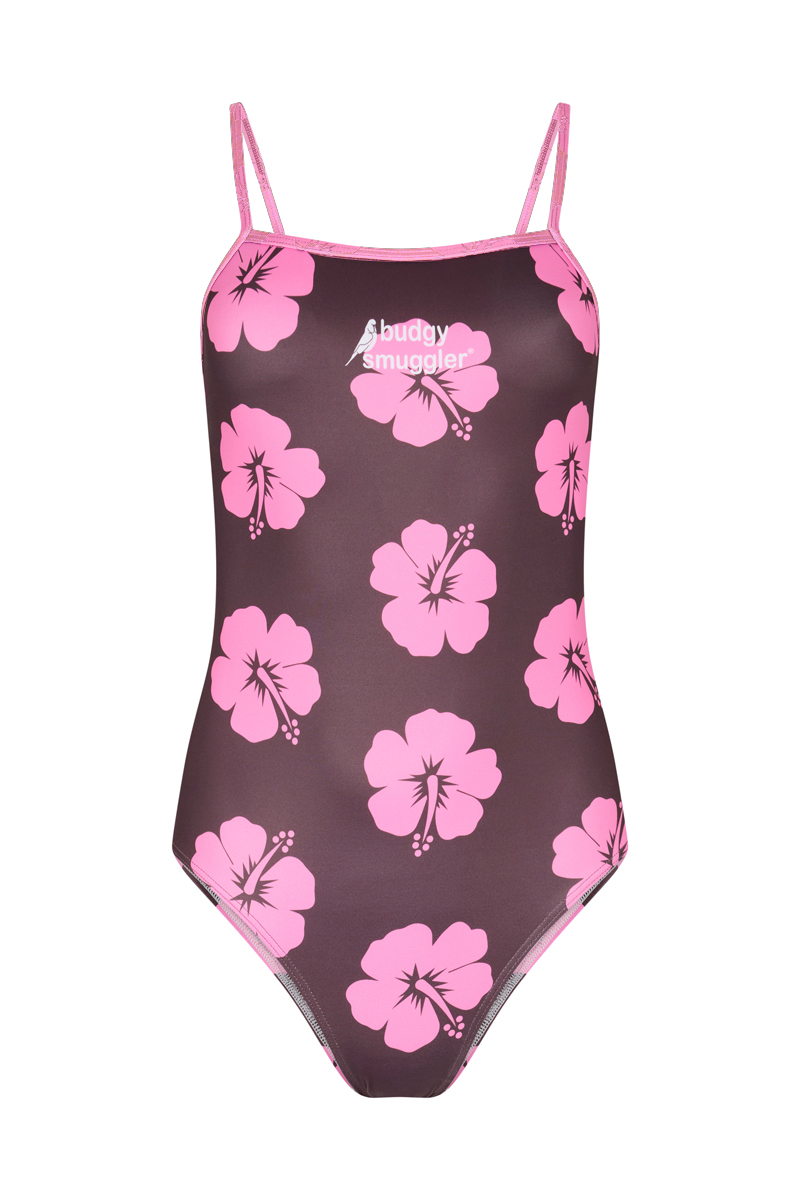 Une Pièce Bretelles Fines en Hibiscus Rose et Marron