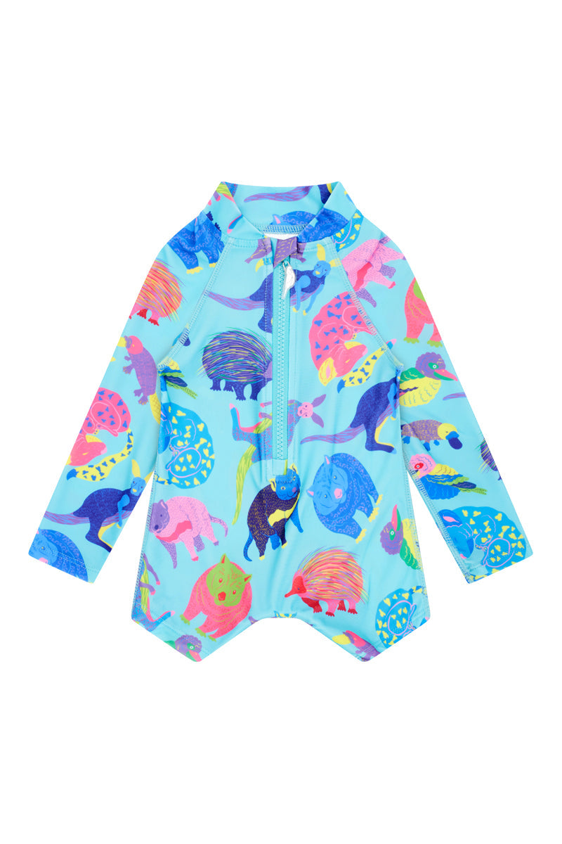 Children's swimsuit set, children's bodysuit, children's shorts and swimming hat in Australian Fauna UPF 50+