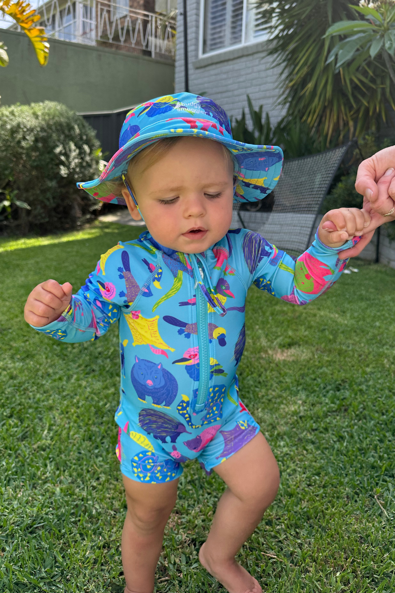 Children's swimsuit set, children's bodysuit, children's shorts and swimming hat in Australian Fauna UPF 50+