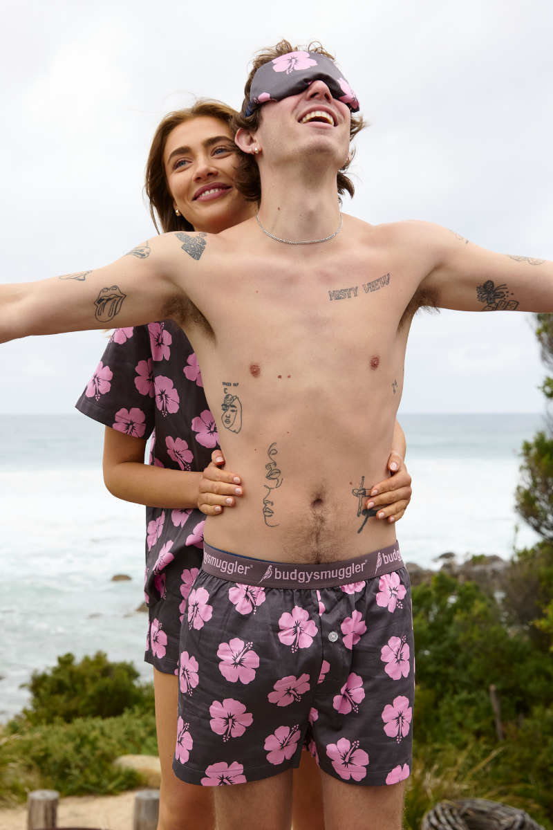 Men's Pink and Brown Hibiscus Pajama Bottoms