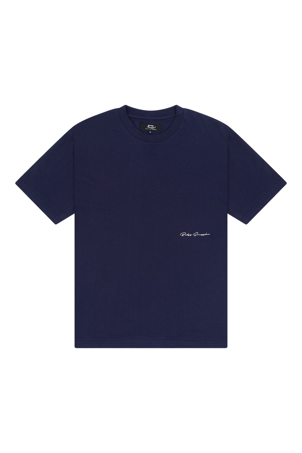 Front of the Heavyweight Navy Tee in Budgy with small white script logo
