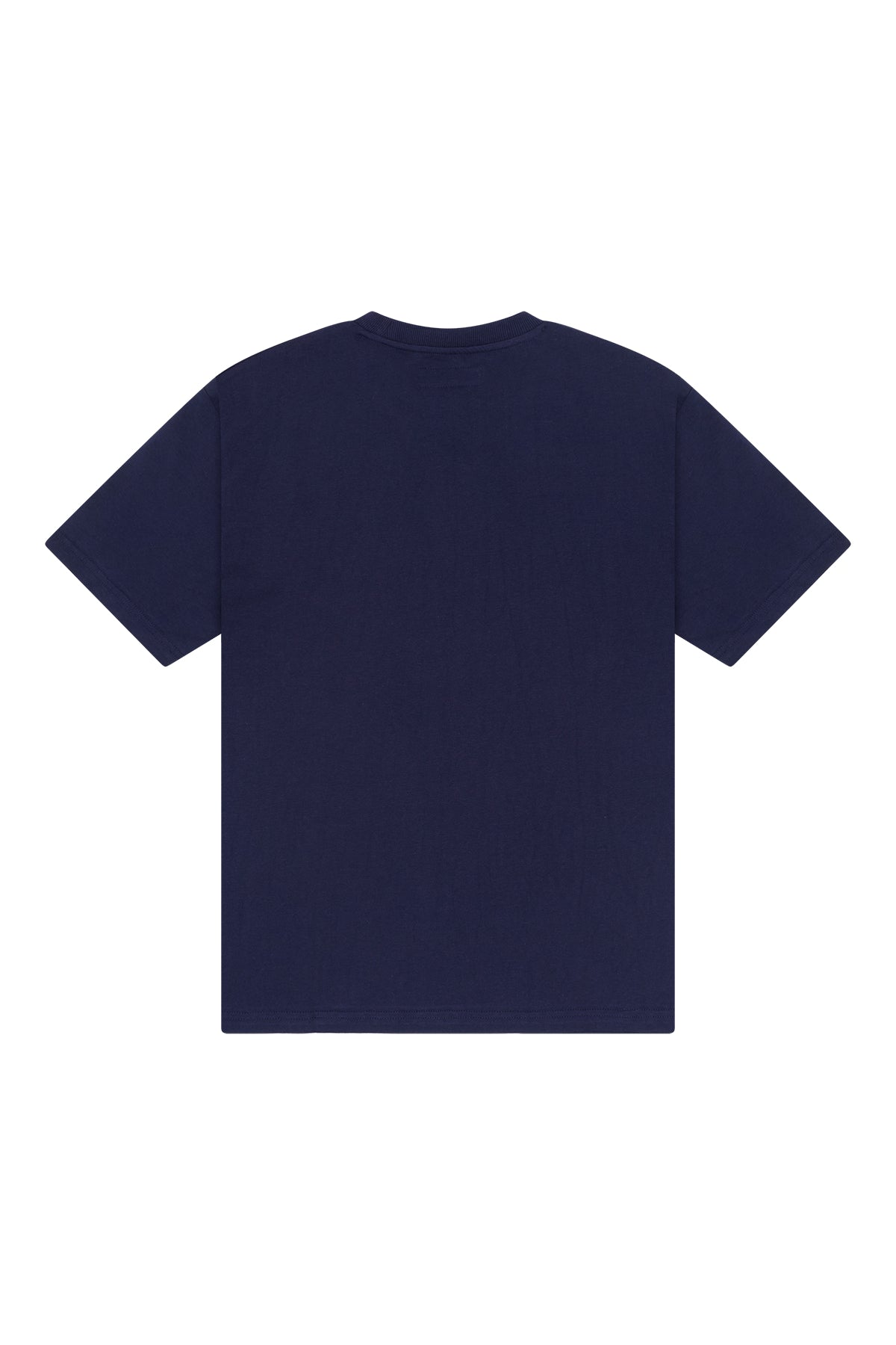 Back of the plain Heavyweight Navy Tee in Budgy flat lay