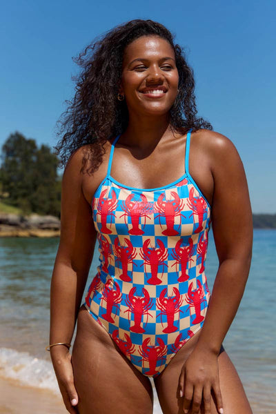 One-Piece Dress with Thin Straps in Checkered Lobster