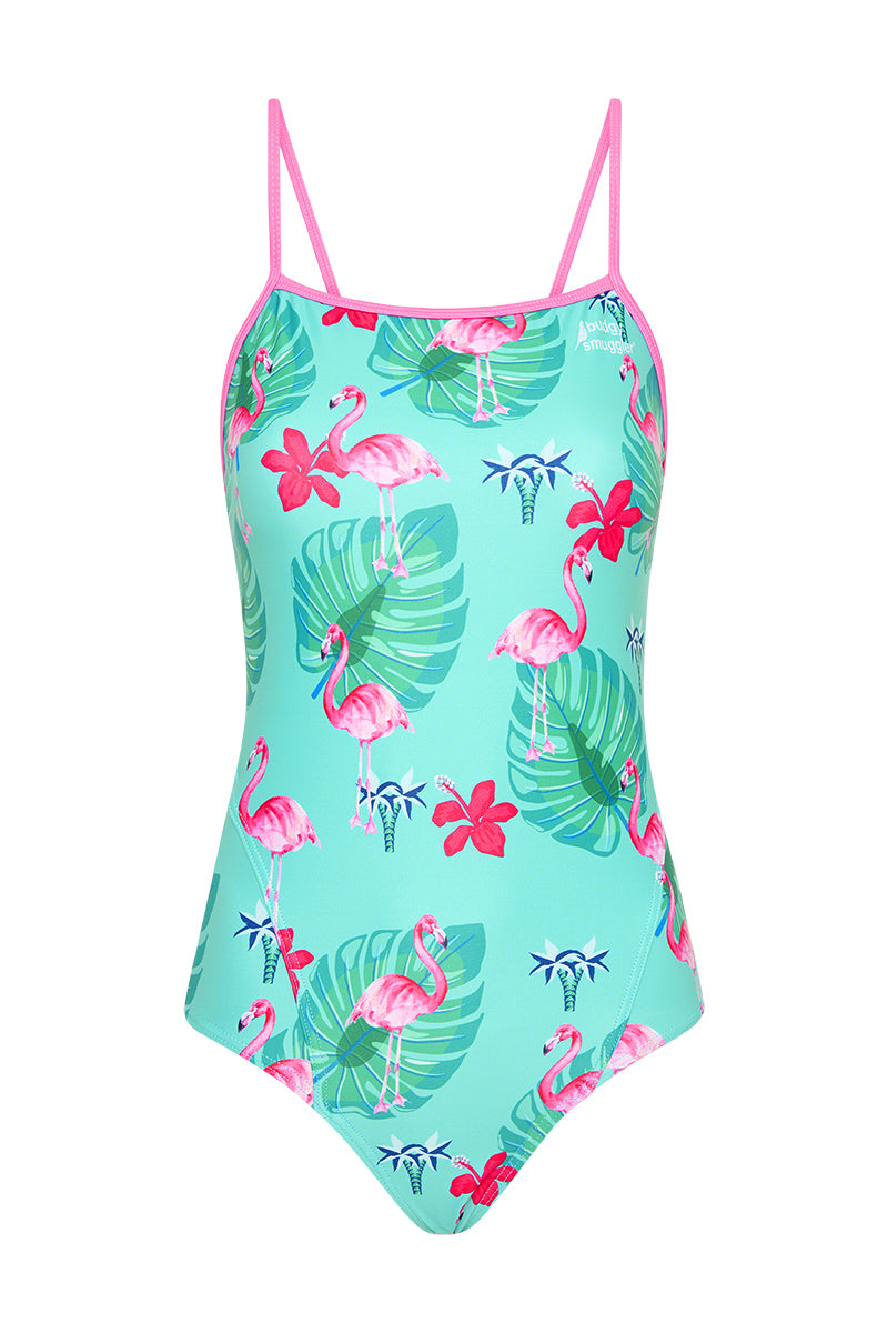 One Piece with Thin Straps in Blue Flamingoes
