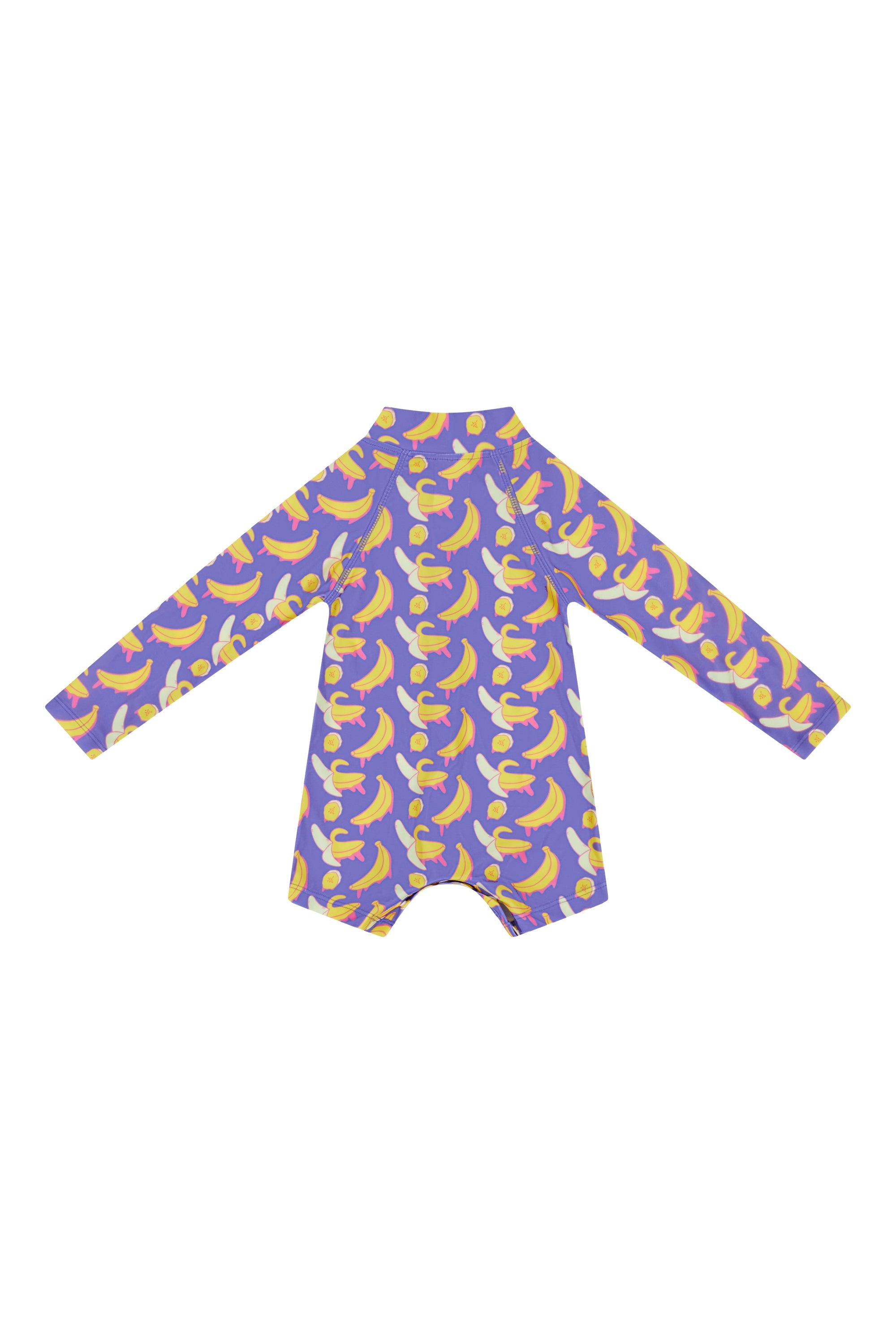 Purple swimsuit with banana pattern on a white background