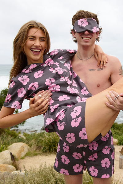 Ensemble Pyjama Femmes en Hibiscus Rose et Marron