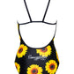 Badeanzug "Thin Strap" mit schwarzem Sonnenblumen Muster