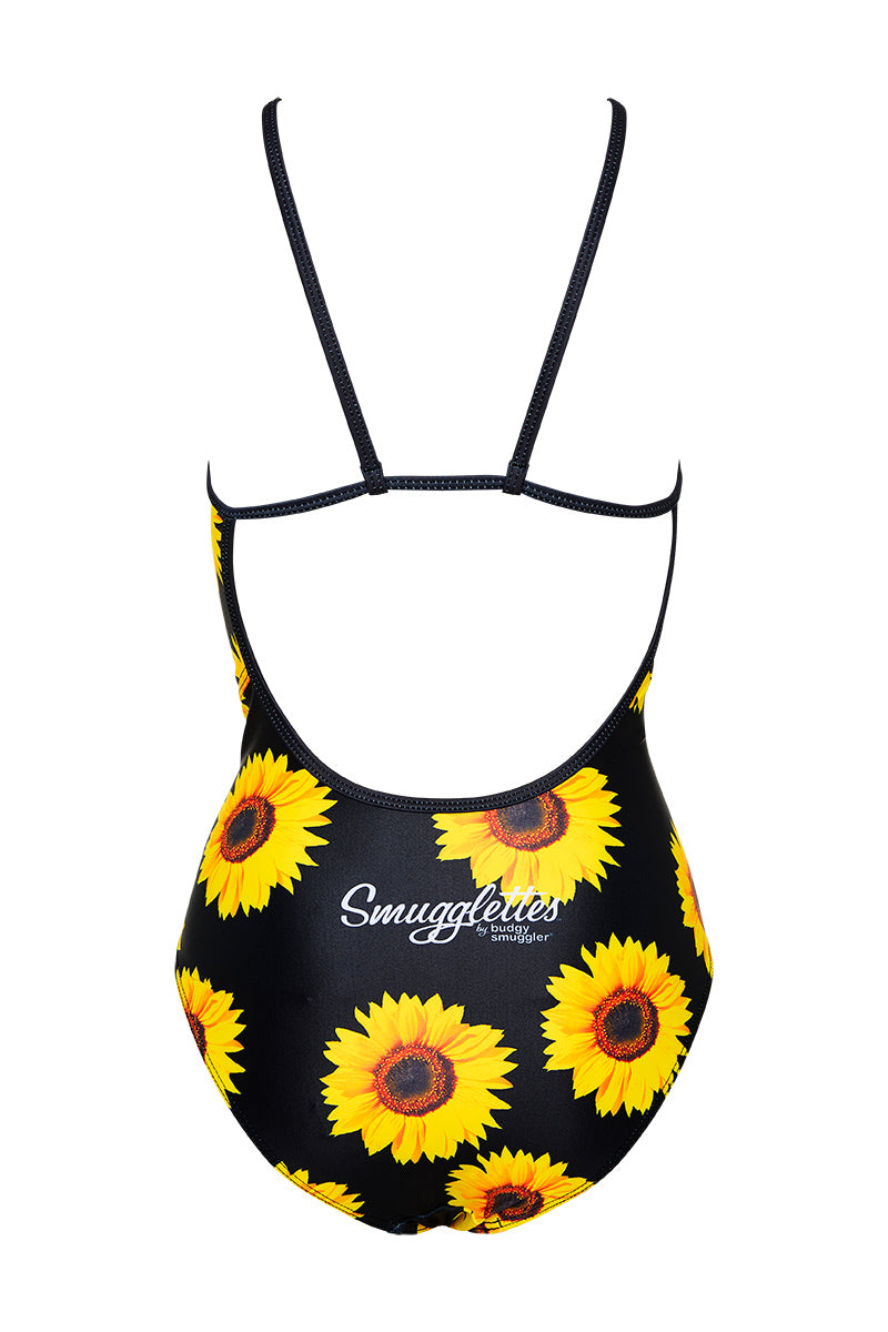Thin Strap One Piece in  Black Sunflowers