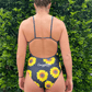 Badeanzug "Thin Strap" mit schwarzem Sonnenblumen Muster